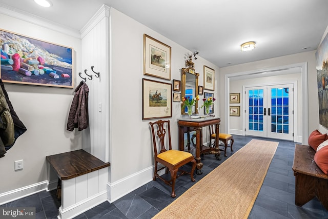 interior space featuring french doors, baseboards, and ornamental molding