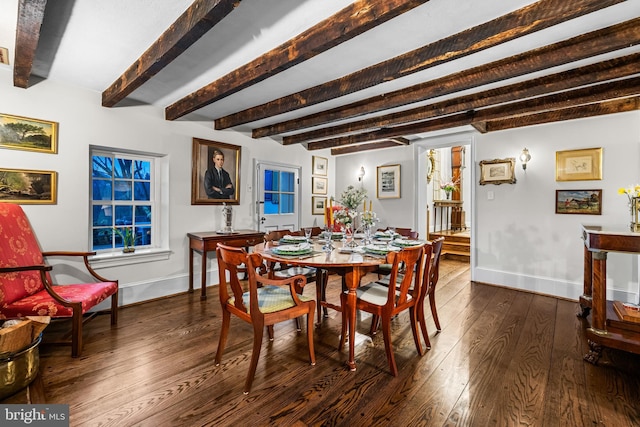 dining room featuring beamed ceiling, baseboards, and dark wood-style floors