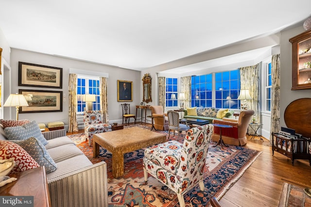 living room featuring wood finished floors and baseboards