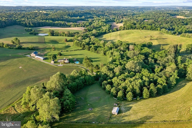 bird's eye view featuring a rural view and a forest view