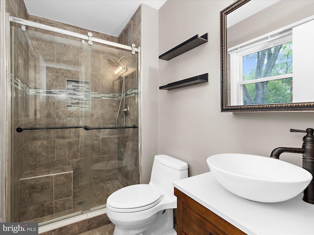 full bathroom with vanity, a stall shower, and toilet