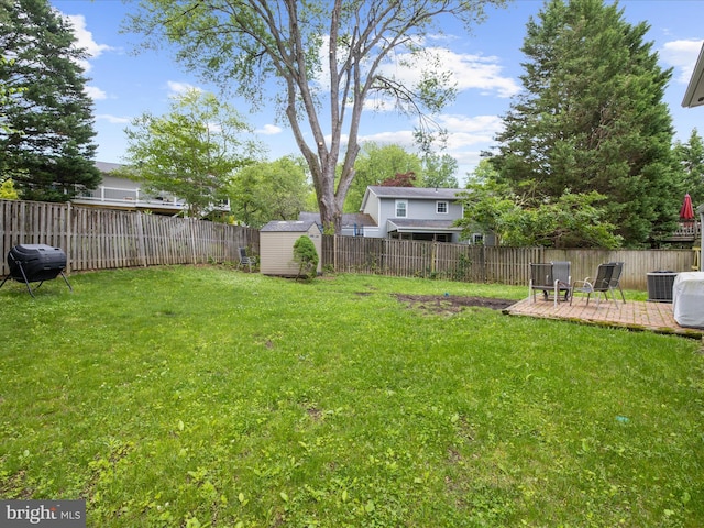 view of yard featuring a storage unit, an outdoor structure, and central AC