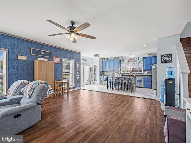 200 Rubens Cir, Martinsburg, WV 25403 - living area with wallpapered walls, recessed lighting, a ceiling fan, and wood finished floors