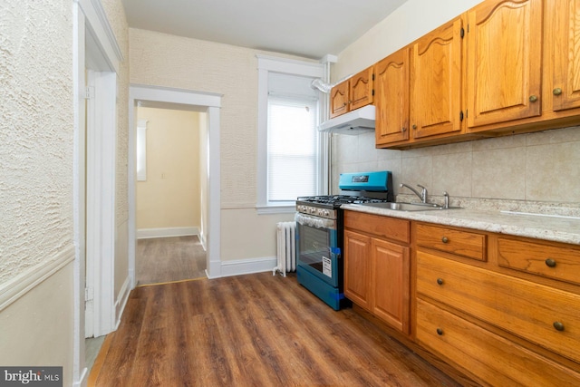 2607 Quantico Ave, Baltimore, MD 21215 - kitchen with a sink, dark wood finished floors, radiator, stainless steel range with gas cooktop, and under cabinet range hood