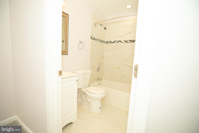bathroom with baseboards, toilet, tub / shower combination, vanity, and marble finish floor