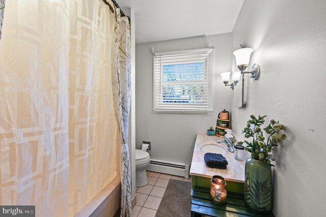 213 Stump Rd, North Wales, PA 19454 - full bathroom with tile patterned flooring, vanity, toilet, a shower with shower curtain, and a baseboard radiator