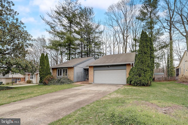 ranch-style house featuring concrete driveway, an attached garage, a front yard, brick siding, and fence