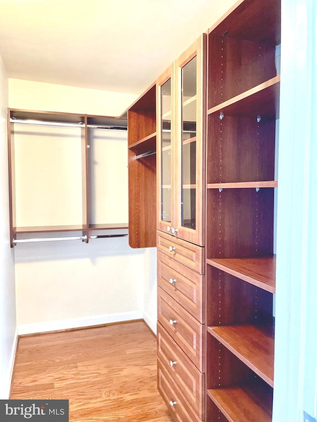 walk in closet with wood finished floors