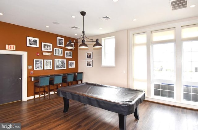 game room with billiards, visible vents, and wood finished floors