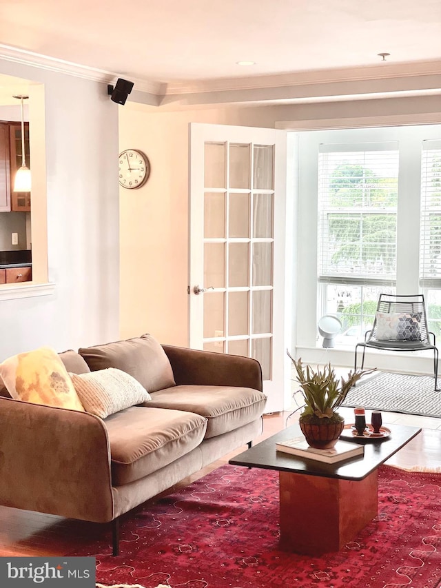 living room with ornamental molding