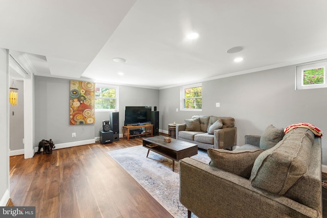 1823 Westmoreland St, Mclean, VA 22101 - living area with ornamental molding, baseboards, wood finished floors, healthy amount of natural light, and recessed lighting