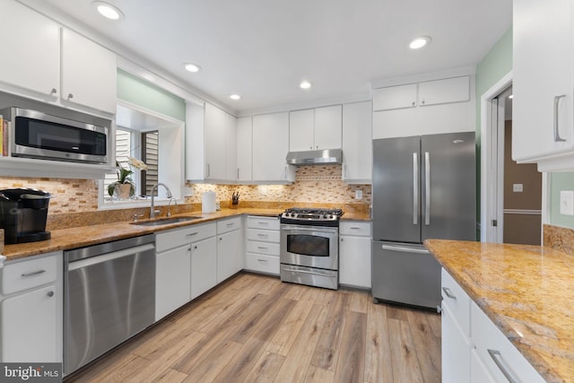 1823 Westmoreland St, Mclean, VA 22101 - kitchen featuring appliances with stainless steel finishes, a sink, under cabinet range hood, white cabinets, and recessed lighting