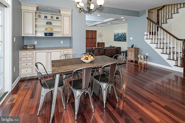 dining space featuring beamed ceiling, dark wood-type flooring, visible vents, stairs, and baseboards