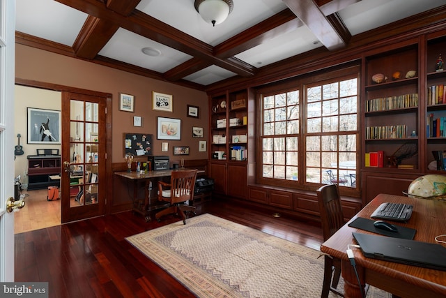 home office with coffered ceiling, beamed ceiling, and dark wood-style floors