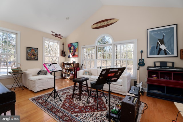 living room with high vaulted ceiling and wood finished floors