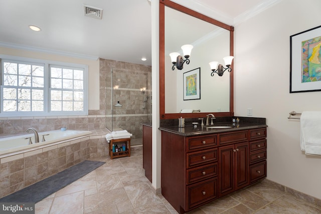 bathroom with a tile shower, a bath, vanity, ornamental molding, and visible vents