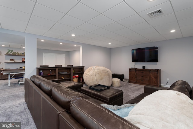 living room with recessed lighting, baseboards, visible vents, and carpet floors