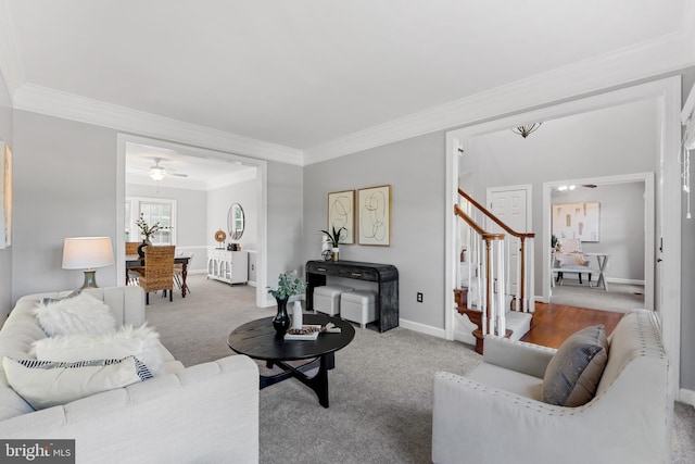 5325 Sandy Point Ln, Clifton, VA 20124 - living area featuring a ceiling fan, stairs, ornamental molding, baseboards, and carpet floors