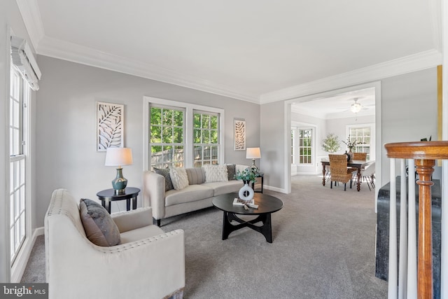 5325 Sandy Point Ln, Clifton, VA 20124 - carpeted living room featuring crown molding, plenty of natural light, baseboards, and a ceiling fan