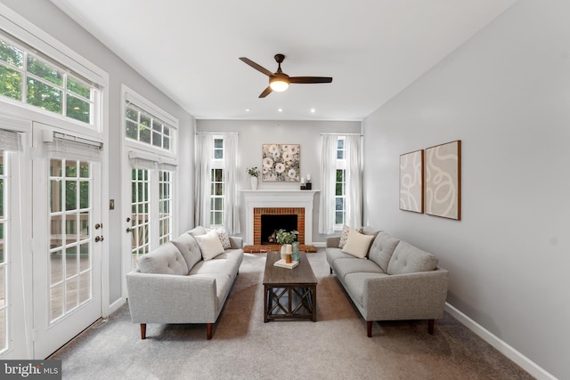 5325 Sandy Point Ln, Clifton, VA 20124 - carpeted living area with ceiling fan, a fireplace, baseboards, french doors, and recessed lighting
