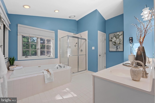 5325 Sandy Point Ln, Clifton, VA 20124 - full bathroom featuring a shower stall, a garden tub, tile patterned flooring, double vanity, and recessed lighting