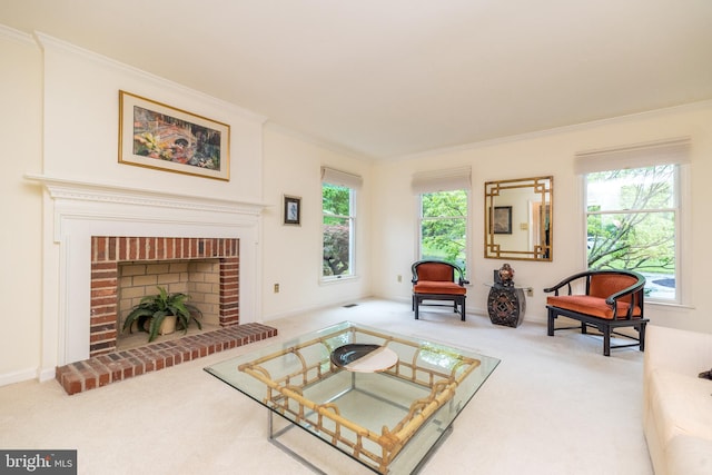 carpeted living room featuring crown molding, a fireplace, and baseboards