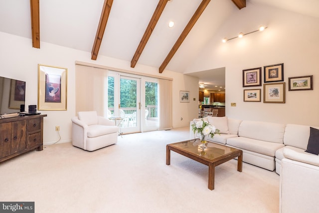 carpeted living area featuring beam ceiling, high vaulted ceiling, baseboards, and recessed lighting