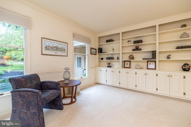 sitting room with light carpet and crown molding