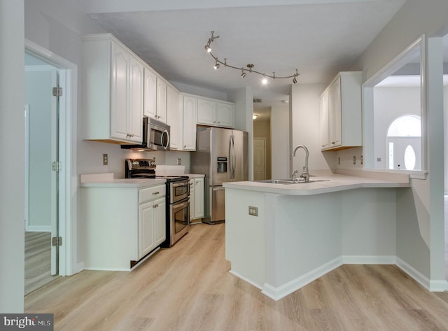 kitchen with white cabinets, a sink, light wood finished floors, stainless steel appliances, and a peninsula