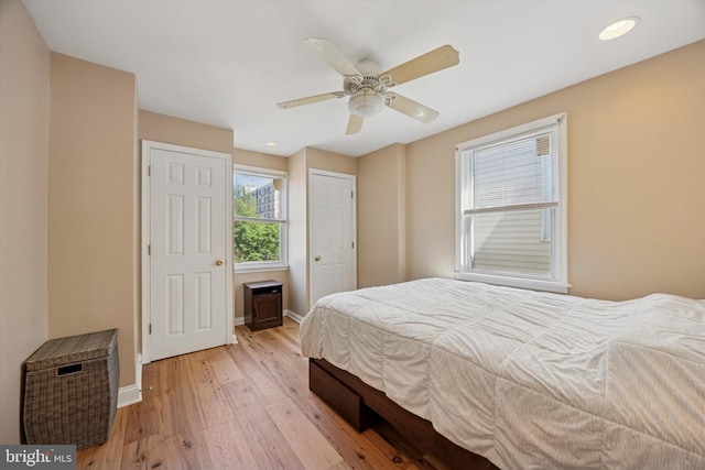 5223 Pentridge St, Philadelphia, PA 19143 - bedroom featuring baseboards, light wood-style floors, a ceiling fan, and recessed lighting