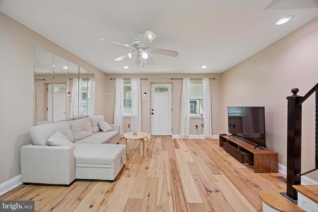 5223 Pentridge St, Philadelphia, PA 19143 - living room featuring light wood finished floors, ceiling fan, plenty of natural light, and recessed lighting