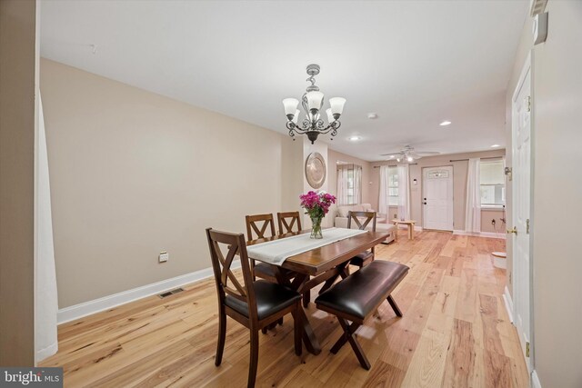 5223 Pentridge St, Philadelphia, PA 19143 - dining room featuring light wood finished floors, a chandelier, baseboards, recessed lighting, and ceiling fan