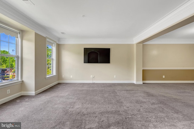 spare room featuring crown molding, baseboards, carpet floors, and visible vents