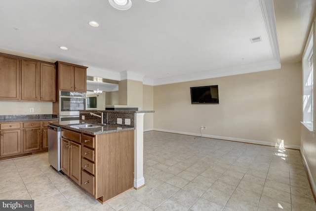 kitchen featuring visible vents, ornamental molding, light tile patterned flooring, a sink, and appliances with stainless steel finishes