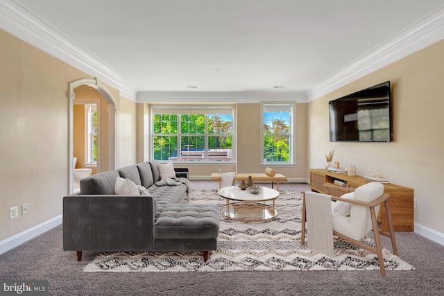 living room featuring baseboards, ornamental molding, carpet, and arched walkways