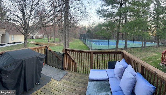 1646 Mcnelis Dr, Southampton, PA 18966 - wooden terrace featuring area for grilling, a yard, a tennis court, and fence