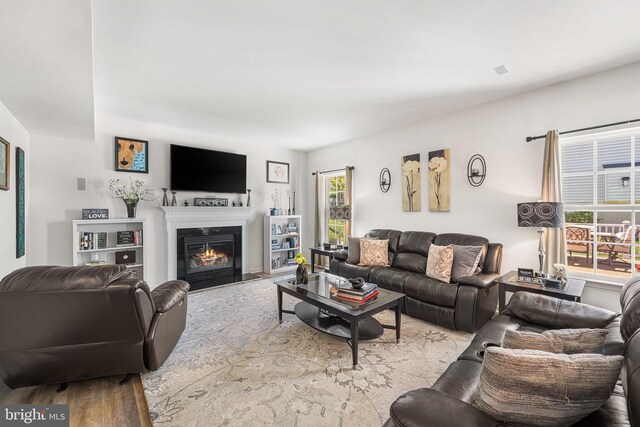 living room featuring a fireplace with flush hearth and wood finished floors