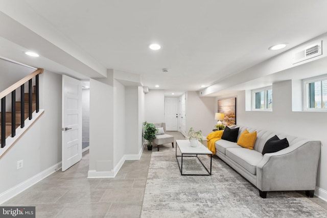 5707 Colorado Ave NW, Washington, DC 20011 - living room featuring baseboards, stairs, visible vents, and recessed lighting