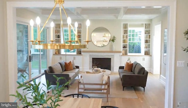 4817 Rodman St NW, Washington, DC 20016 - living area featuring coffered ceiling, a chandelier, beamed ceiling, wood finished floors, and healthy amount of natural light