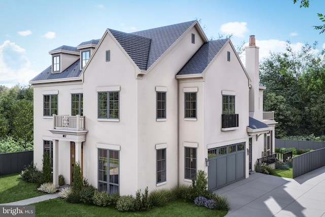 view of front of home featuring fence, an attached garage, stucco siding, a chimney, and concrete driveway