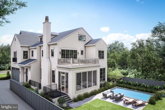 back of property featuring stucco siding, outdoor lounge area, a fenced in pool, a chimney, and a balcony