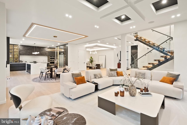 living area with recessed lighting and stairway