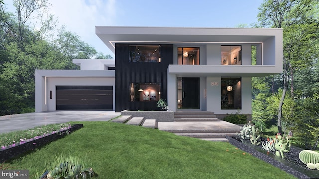 contemporary home featuring a balcony, stucco siding, driveway, a front lawn, and a garage