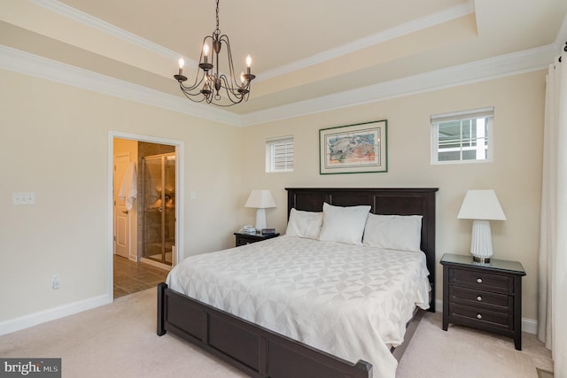 bedroom featuring a tray ceiling, light carpet, an inviting chandelier, and crown molding