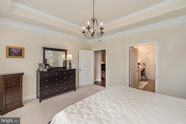 bedroom featuring crown molding, visible vents, a raised ceiling, and an inviting chandelier