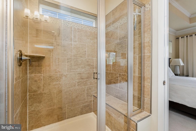 full bathroom featuring a shower stall, ensuite bathroom, and ornamental molding