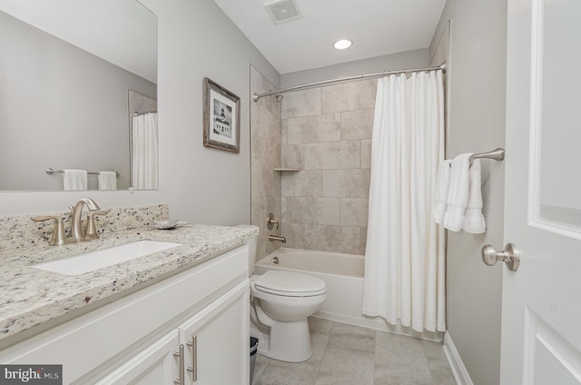 bathroom with shower / bath combination with curtain, vanity, visible vents, recessed lighting, and toilet