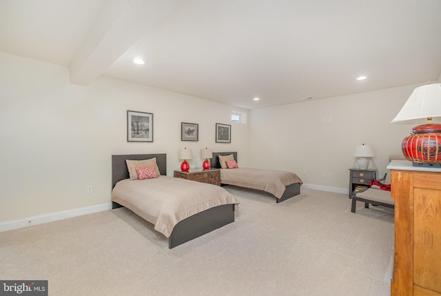 bedroom with light carpet, baseboards, and recessed lighting