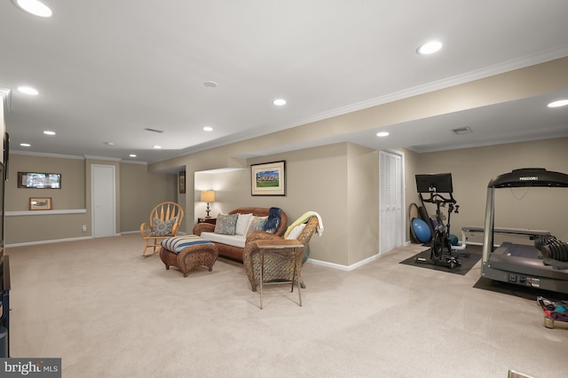 11836 Hunting Ridge Ct, Potomac, MD 20854 - living room with ornamental molding, light carpet, recessed lighting, and baseboards