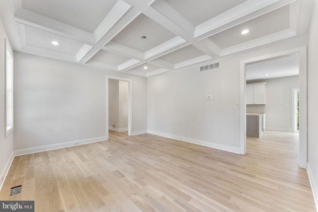 17 Hickory Ln, Malvern, PA 19355 - unfurnished room featuring baseboards, light wood-style flooring, visible vents, beamed ceiling, and coffered ceiling